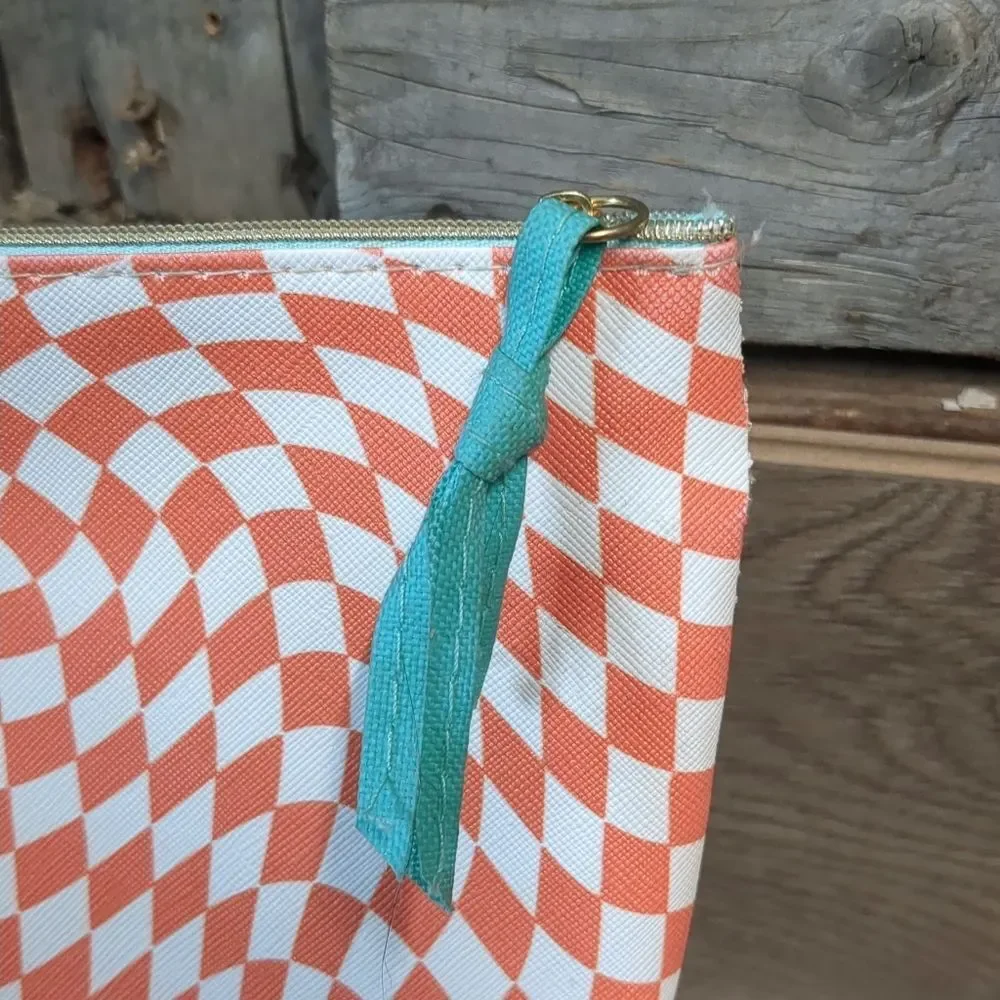 Good Vibes Orange & White Checkered Cosmetic Bag